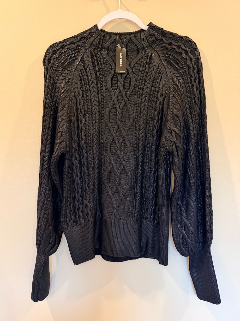 Express Black Metallic Cable Knit Balloon Sleeve Sweater, Size S NWT